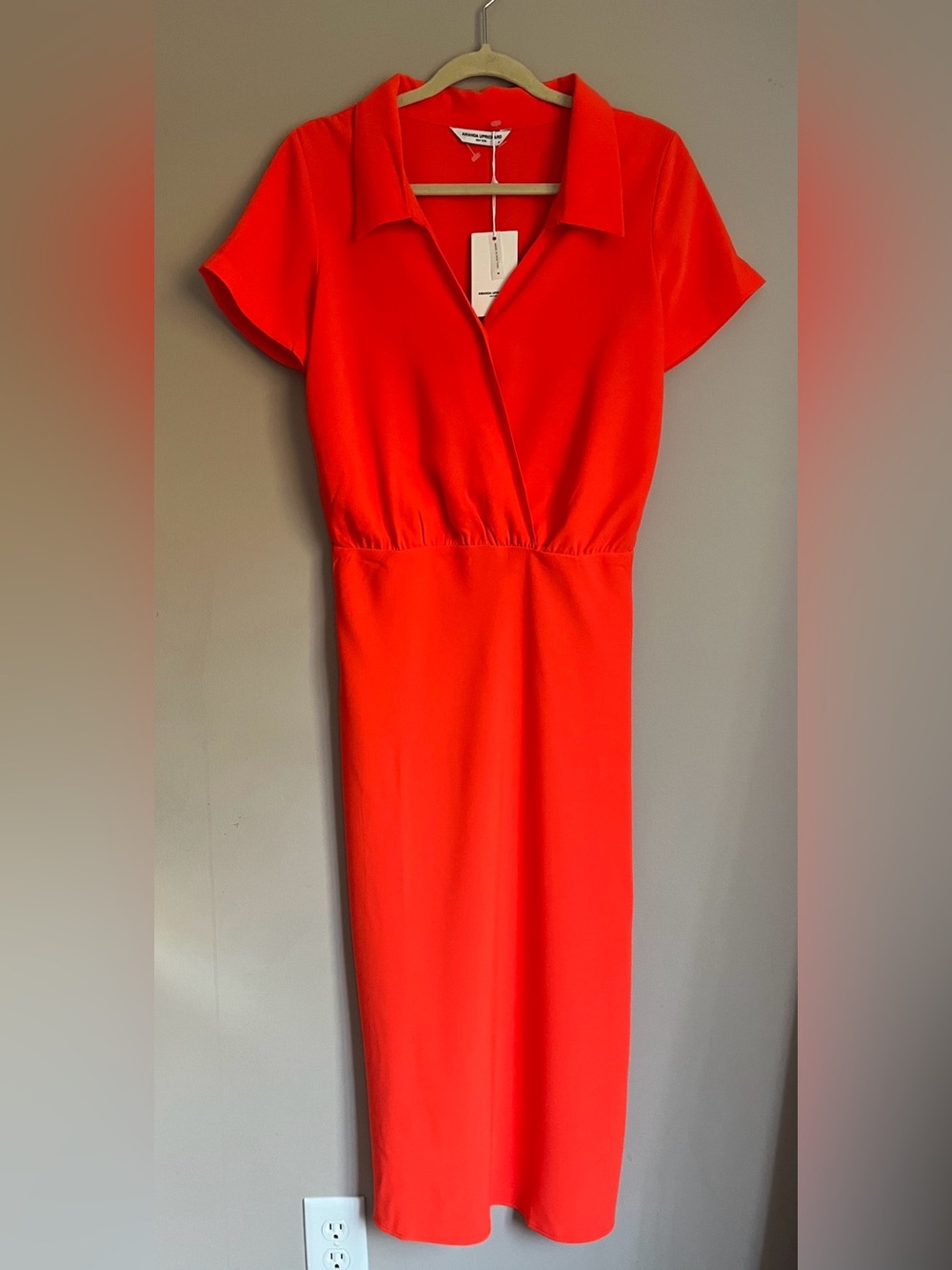 Amanda Uprichard Reya Collared Bright Orange Sheath Midi Dress size medium